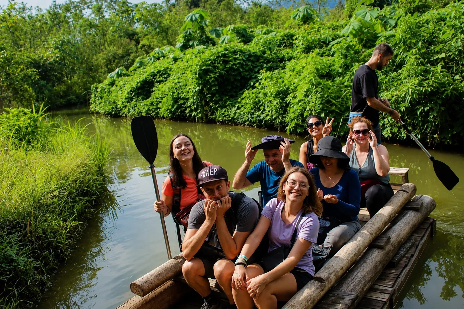 Travellers on a wooden raft on a rainforest lake