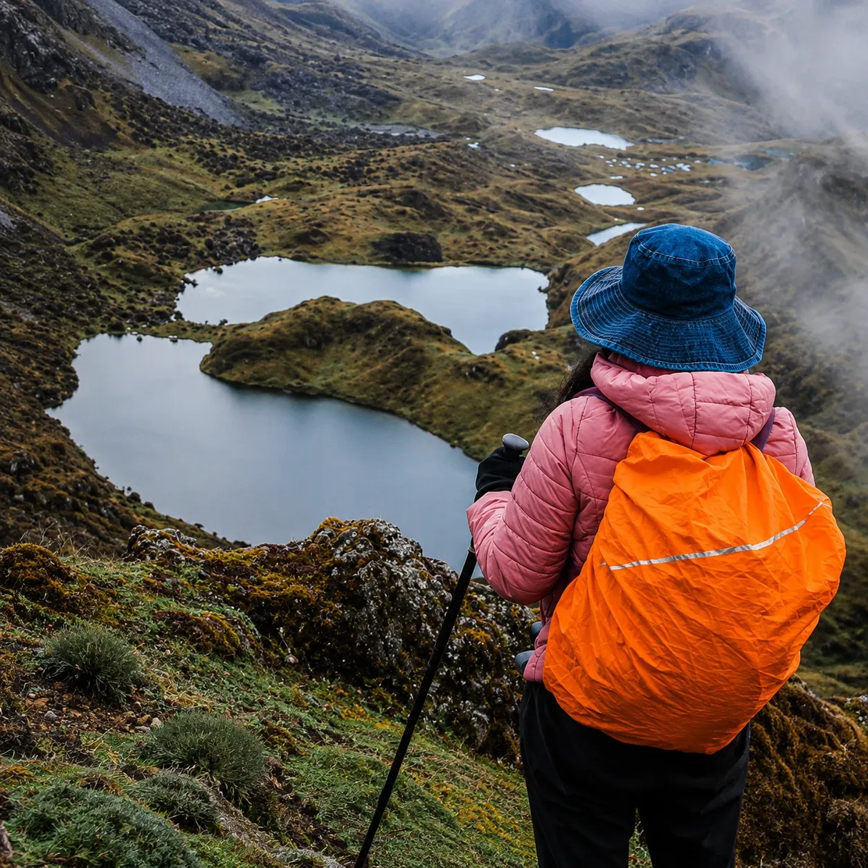 A walker looking down on the glacial lakes below Ausangate