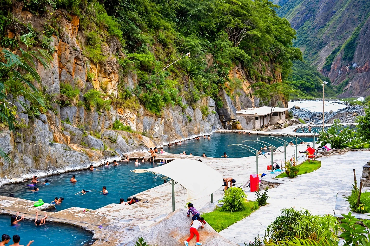 The thermal pools at Cocalmayo beneath a jungle cliff