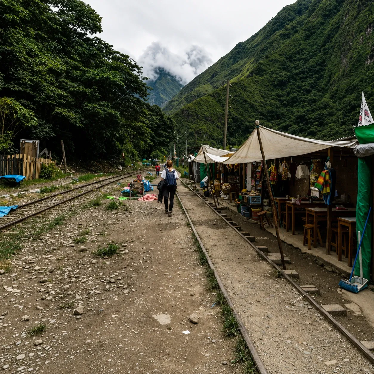 The railway line and trackside stalls at Hidroeléctrica