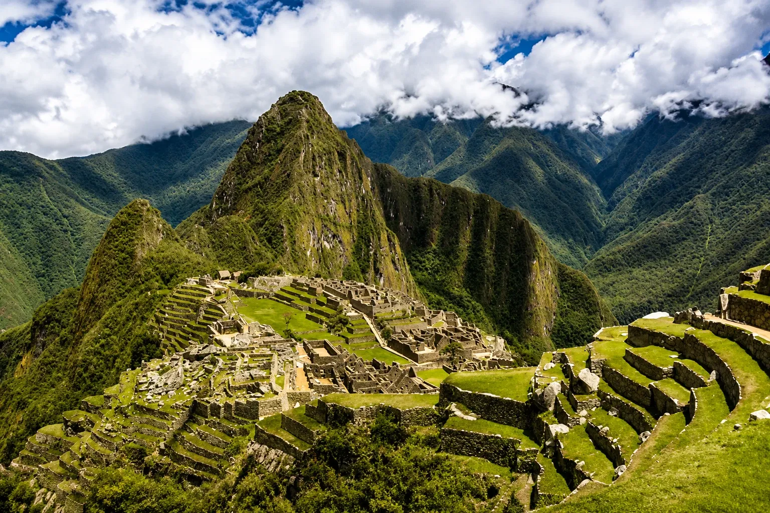 Machu Picchu's terraces and houses below Huayna Picchu
