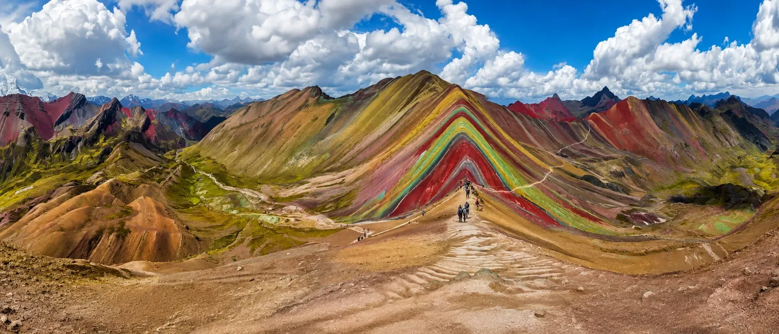 A panorama of Rainbow Mountain and the ridges around it