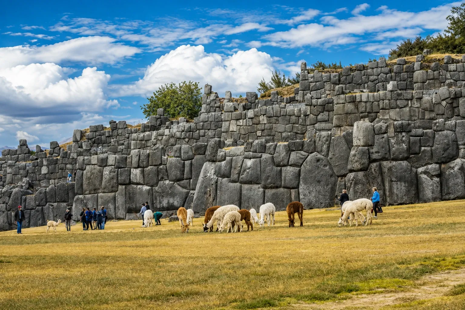 Alpacas grazing below the megalithic walls of Sacsayhuamán